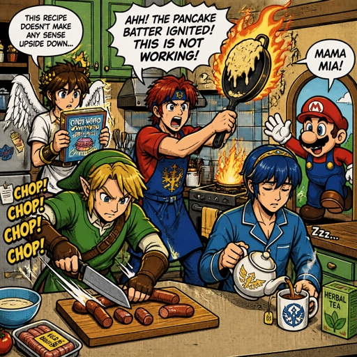 Super smash brothers link from legend of Zelda, pit from kid Icarus, Marth from fire emblem,Roy from fire emblem, there trying to make breakfast Roy in casual clothes accidentally got pancake batter on himself holding frying pan that caught on fire saying “crap,crap,crap marth what do I do!" link cutting sausages on cutting board really fast in casual clothes ,pit trying to read the cookbook but it's upside down and he can’t read in casual clothes, Marth wearing his pajamas making himself some tea with a tired face expression Marth sleepily replies to Roy saying “Hu you talking to me?” Mario walks in the kitchen then says "Mama mia! what are you guys doing!”