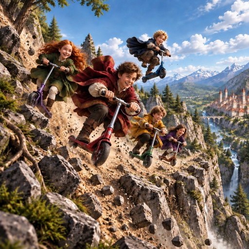 a group of people flying through the air on top of a mountain
