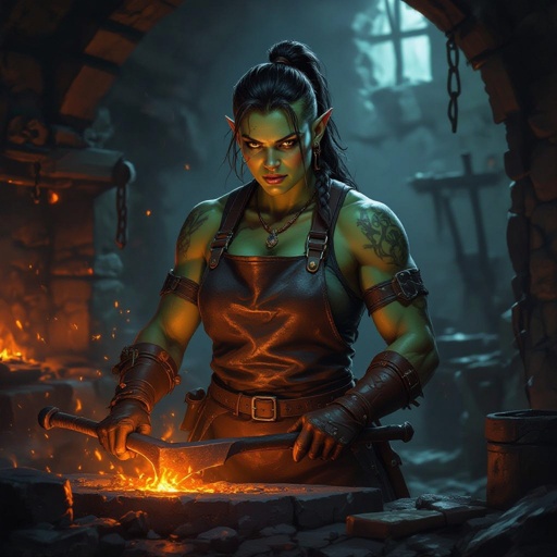 A female half orc blacksmith wearing a leather apron