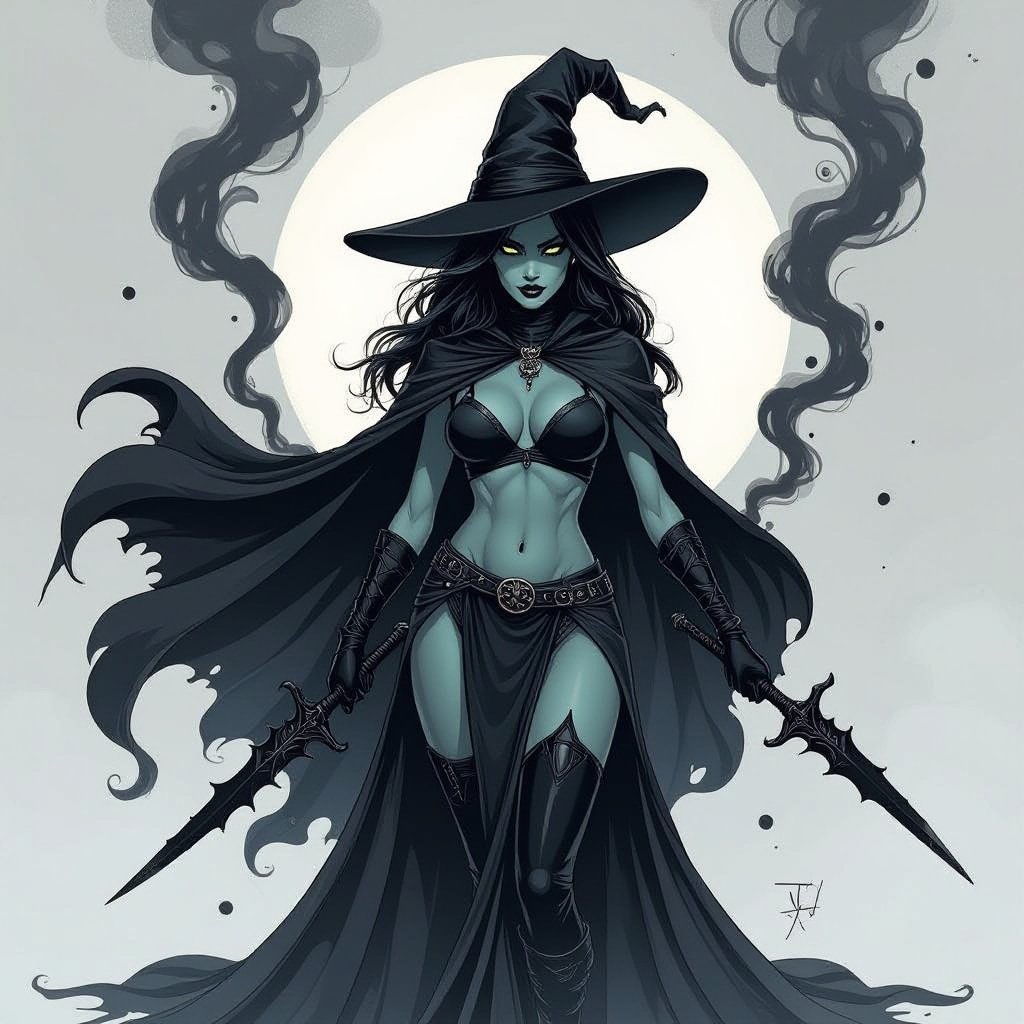 sexy shadow demon witch gypsy slate grey skin large black billowing cloak that emits darkness and shadow smoke. Two piece. Witches Hat. Wields Black Evil Shadow Smoke Daggers