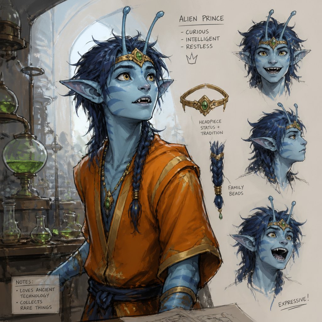 Anime Alien prince with light blue skin and a slightly darker blue stripes, brown eyes really dark blue hair messy and in a braid two antennae and sharp teeth small golden band around head with a green stone in the middle wearing an orange shirt, currently in a secret facility he is curious and confused He was taken in by a secret facility when they found him he is confused and a little scared he is also curious of the human world and ask lots of questions he doesn’t answer to them about where he comes from or how he got there he only says that he just suddenly appeared on earth no other explanation which annoyed the people more he wants to get out and see more of the world but is not allowed to he has powers he could use but doesn’t have full control and wants to show he is trustworthy and means no harm