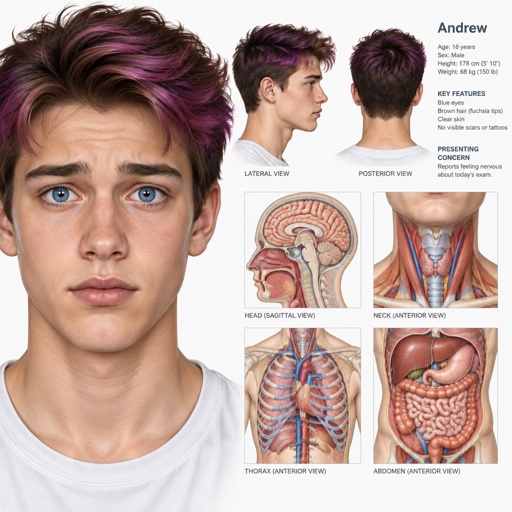 Male name Andrew, rich boy, isolated till he was 16, has neat neck long swooped on left side the bottom of his hair is stick up and pointy looking both sides fuchsia purple hair that gets more purple the further down it goes, beautiful Azure eyes, gives sassy look at people,quiet, easily overwhelmed, only friend is his next door neighbors son whose name is jack the lead star of baseball team and jack has a girlfriend named rose