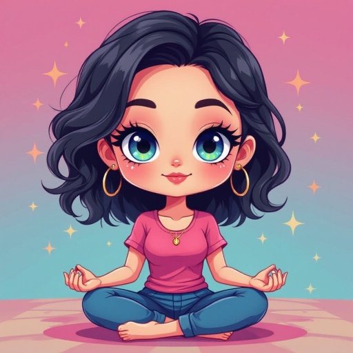 Create a chibi character mid 30’s lady who is the meditating 