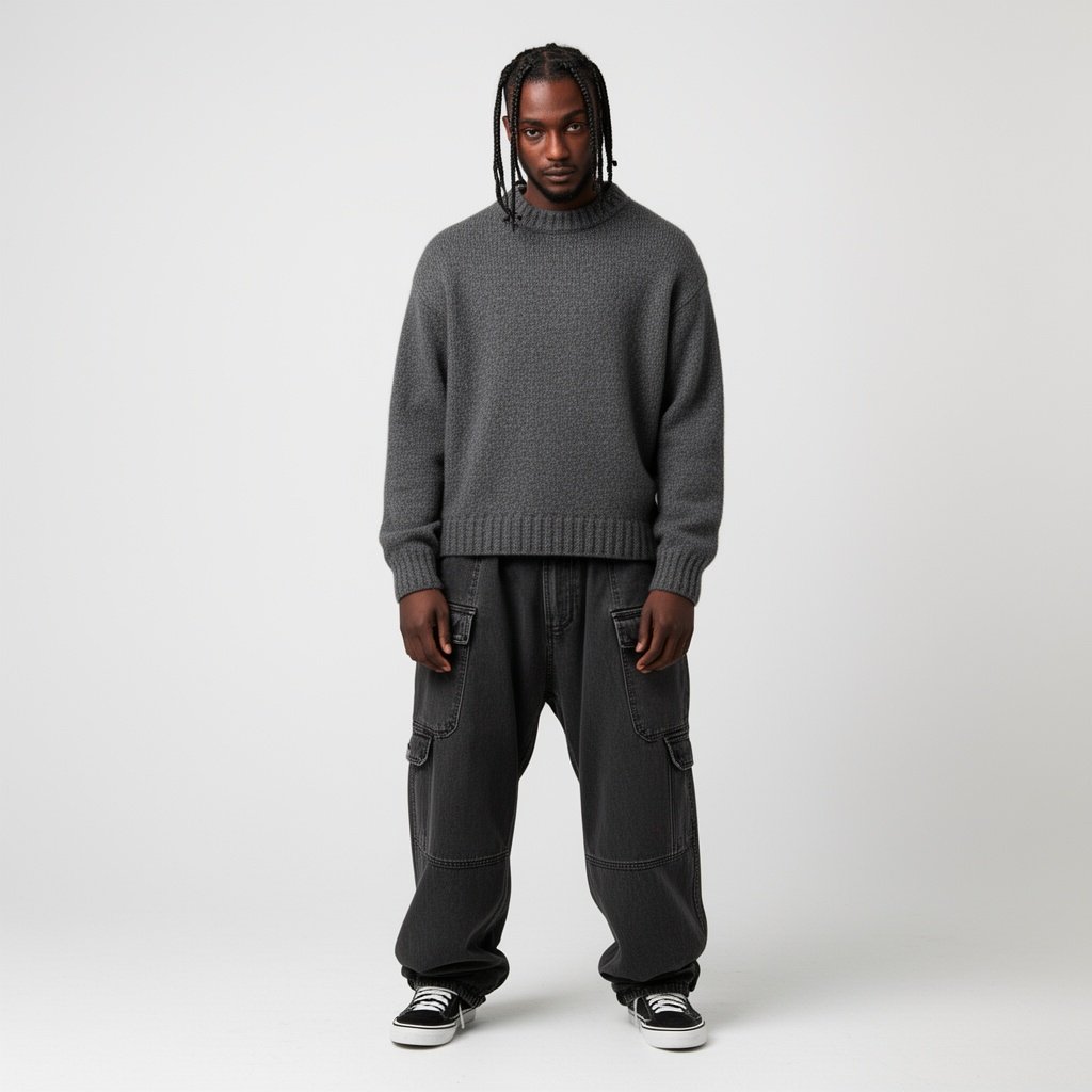 A black guy with braids full body with baggy pants and a jumper
