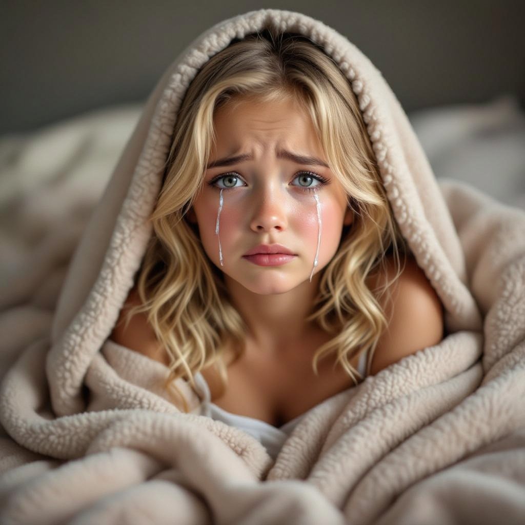 A blonde girl with big boobs in a blanket crying 
