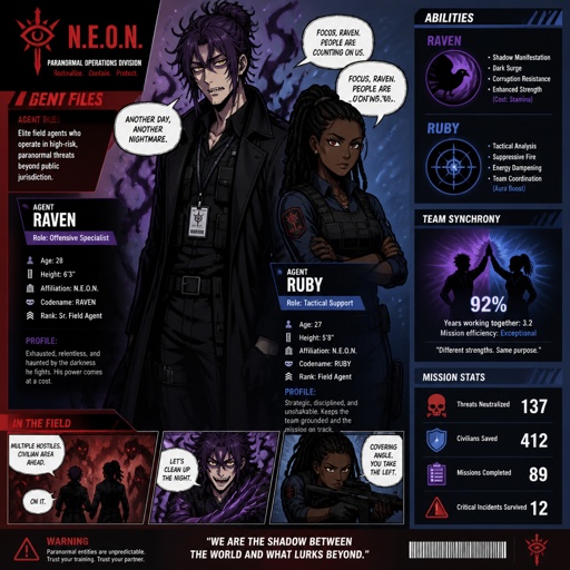 Anime style, Agent Ward a male, made in a secret lab to be best weapon and good at everything, highly skilled, be kept in check and have an emergency backup in case he gets out of control, Wards hair a messy bun hair color violet, is clean shaven, yellow night vision eyes, sharp teeth, has a dark power energy from experiments, best agent, in late 20s, tired, tall, eyes sensitive to light, easily migraines, likes making jokes, mischievous and dangerous, grins, hates being told what to do, intimidating, laugh like a maniac cares about his partner ruby rose she's dark skin serious plays by the rules and firm but nice to ward them standing together ruby arguing to wards "stop being so intimidating you're going to give are suspect a hart attack!" Ward says "what I'm just making the job go faster he's fun and was very helpful " he proceeds to laugh ruby says under her breath "this isn't funny" as a comic