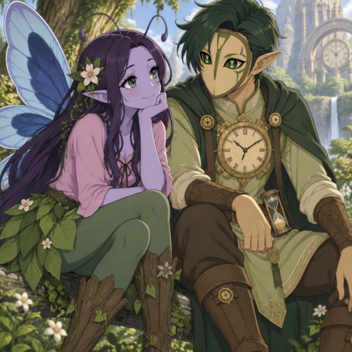 Lady of nature She has light purple skin and neat long dark purple hair, beautiful deep green eyes, long eyelashes, antennae, light blue wings with deep blue in the middle,wears a beautiful pink shirt and a skirt that looks like a leaf and green leggings, tree wood boots and a beautiful smile, man of time, body shape hourglass, dark green hair right side swooped down and longer, Sand colored skin,no nose or mouth,has a thick medium color green lining around his face and one big hourglass lining inside face connected to the outside lining, pointy ears, eyes green and the pupils look like clock in his waist hands, has small hourglass and sand, his chest has a big clock on it,wearing a light green tunic, dark green no sleeve cloak brown pants and boots he has dark green hair ,interacting with each other 
