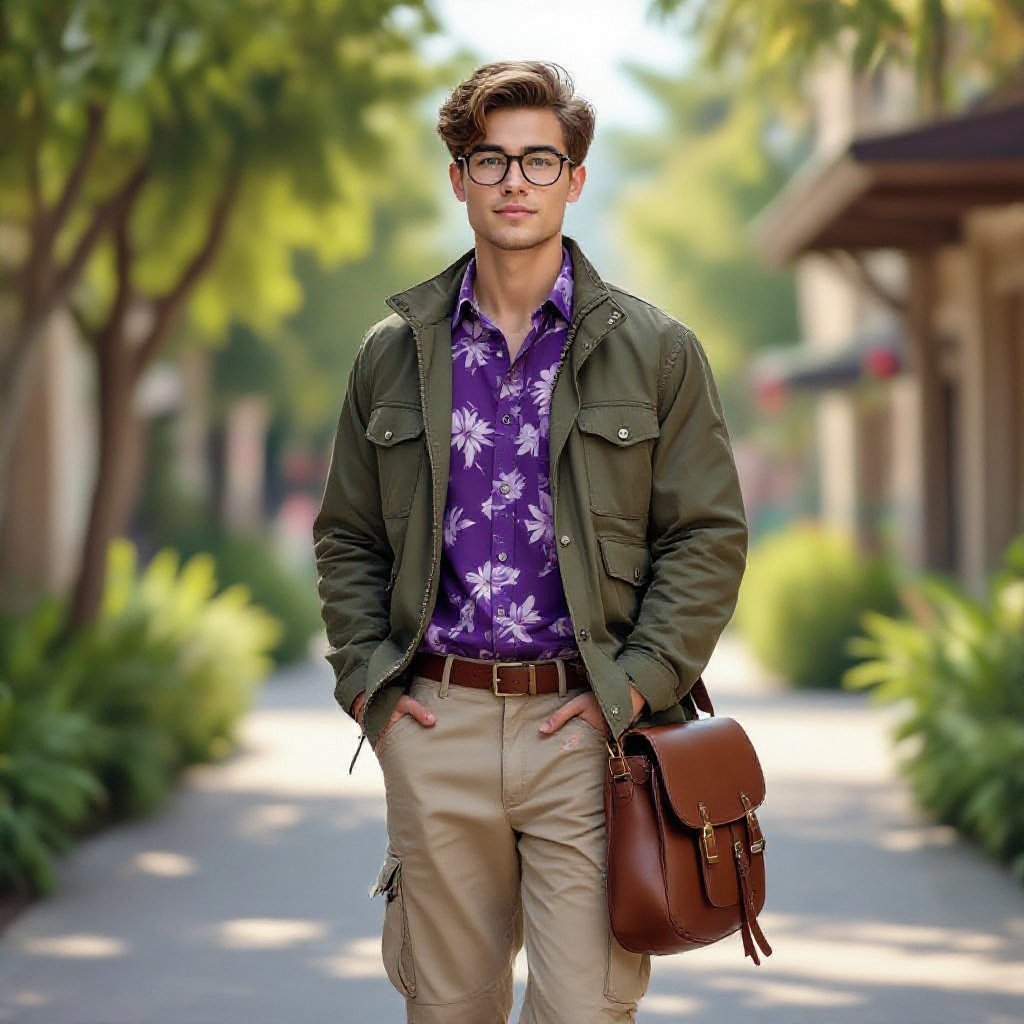 A 19 Year Old man in a Purple Hawaiian Button Up and Beige Cargo Pants. Short Light Brown Hair Glasses and Army Green Jacket and Brown Hiking Boots and a Brown Leather Saddleback, Standing in a Outdoor Walking Path