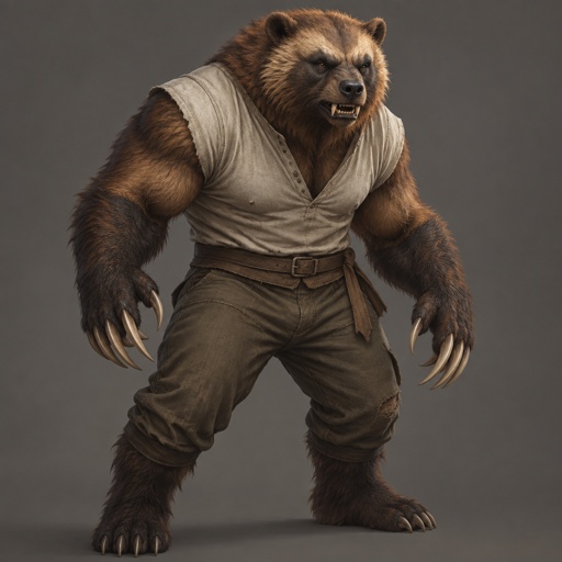 A wolverine, mixed with a grizzly bear. Muscular build, pants and muscle shirt. Created in the labs of the Dark Huntress. 