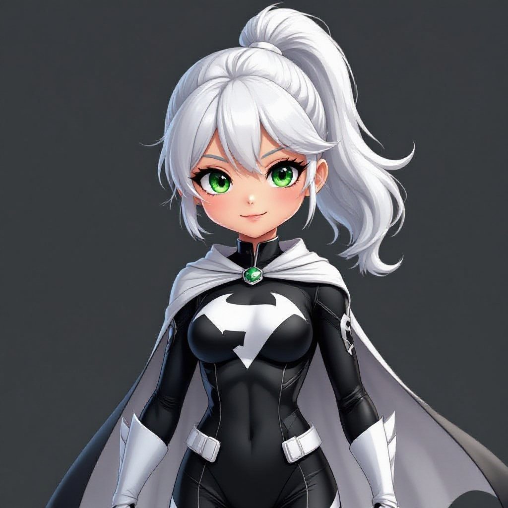 Girl. Superhero. Wearing black and white suit with cape. White hair tied back in a half ponytail. Large Green eyes. Short and strong build.