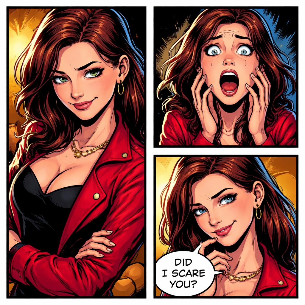 Realistic style, no dots. Three panels are very sly, attractive, young woman with small eyes, the same young woman with a horrified expression on her face and the third panel the same woman with a sly smile