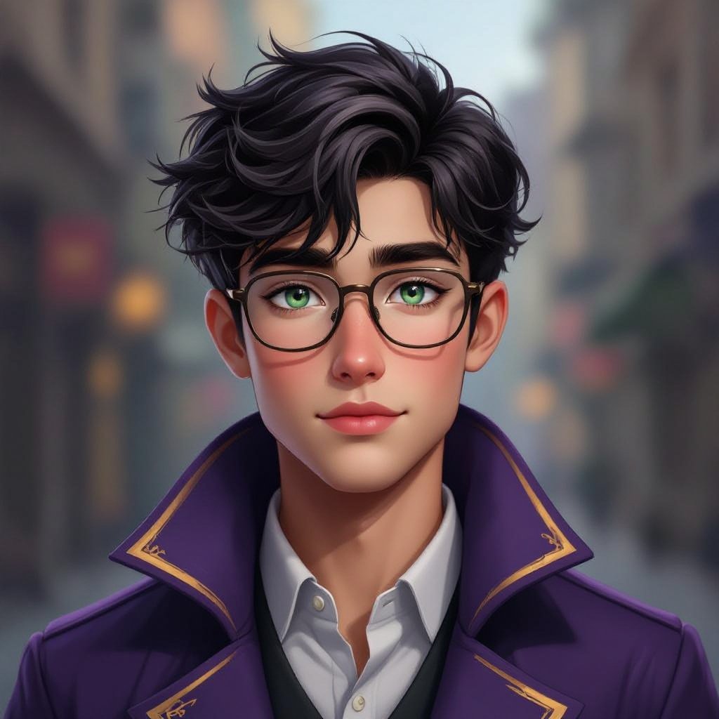 Male 17-year old Dark hair with greenish bluish eyes wears purple longcoat with gold outline square glasses slightly chubby cheeks