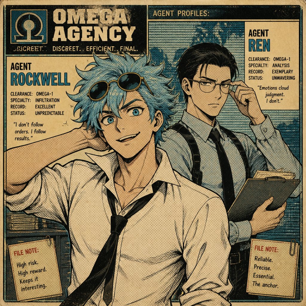 Comic Anime Agent Rockwell very poof up messy hair half side longer and drooped down hair is a light blue skin color white,very bright blue eyes,wears a suit tie is loose,he doesn't wear his jacket his collar to his shirt is uneven sunglasses on his head He's know for his mischievous and reckless behavior but takes missions very seriously is one of the best agents they have Ren is Rockwell's partner is very serious and organized opposite of Rockwell, get very annoyed at Rockwell's behavior they tend to argue with each other but Rockwell is more of having fun
