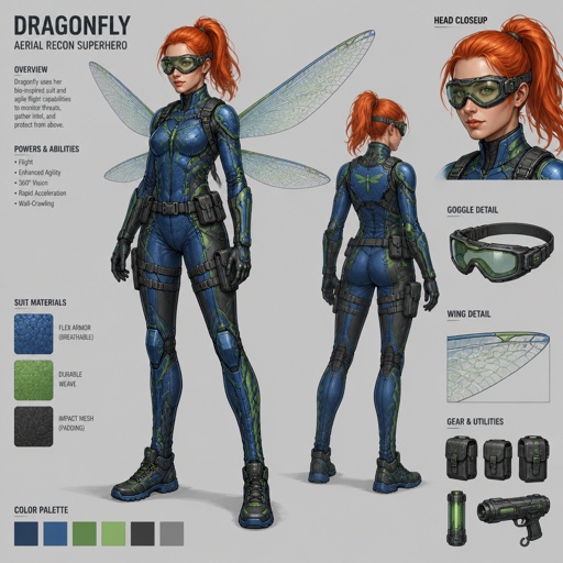 Female superhero with a suit that has dragonfly powers, goggles, orange hair ponytail, blue and green color palette 