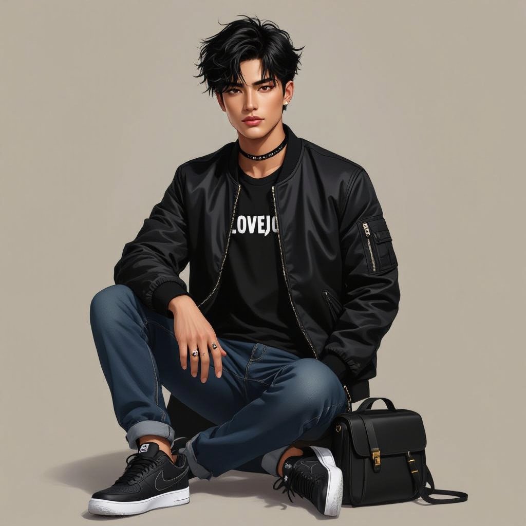 I have black hair, cut into a medium length messy textured cut. I have golden tan skin, and a muscular build. I'm wearing a black bomber jacket over a Lovejoy t-shirt and navy jeans. I'm wearing black air force ones and a thin black choker necklace