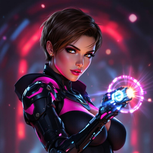 Full Body Mass Effect Babe wielding an Omni tool synthweave and Organza black and pink tight spy catsuit light brown hair pixie Bob cut