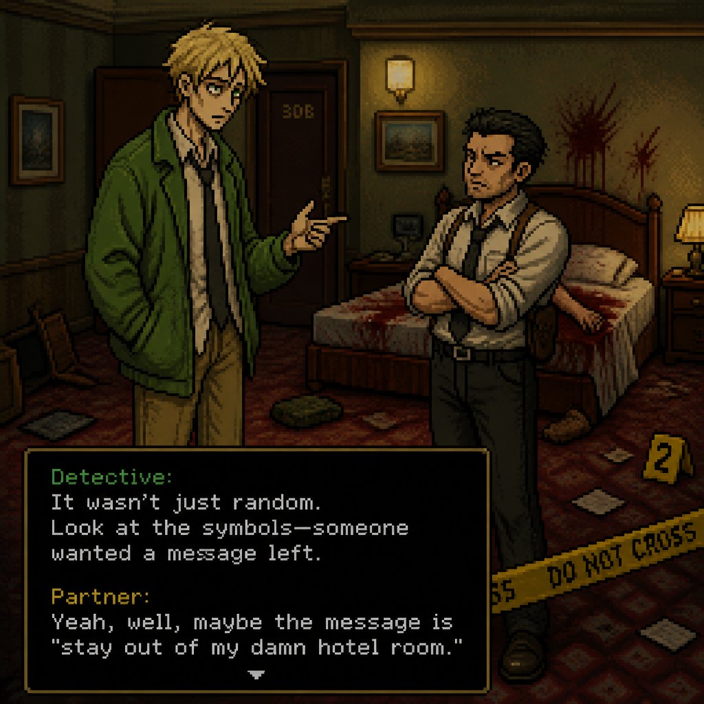 Anime Male great detective takes his job real seriously and is really good at it in his mid 20s with medium really crazy messy light blonde hair, tall thin, tied, strange green eyes wearing a baggy loose mossy green jacket tired face thinking hard about the crime scene and talking to his partner about it, partner looking annoyed at him but also concerned about him but also trying to take this case seriously they are talking about the crime scene and what could have happened and who would do this, crime scene is in hotel room, very gruesome one, no one new the person was even there and was only found out today making it harder to figure it out but the detective won't give up and do whatever he can His past was not great he had red hair and blue eyes before changing his hair and eye colors his family hatted him, he was born with the ability to camouflage and is able to change his colors which is how he got his blond hair and blue eyes