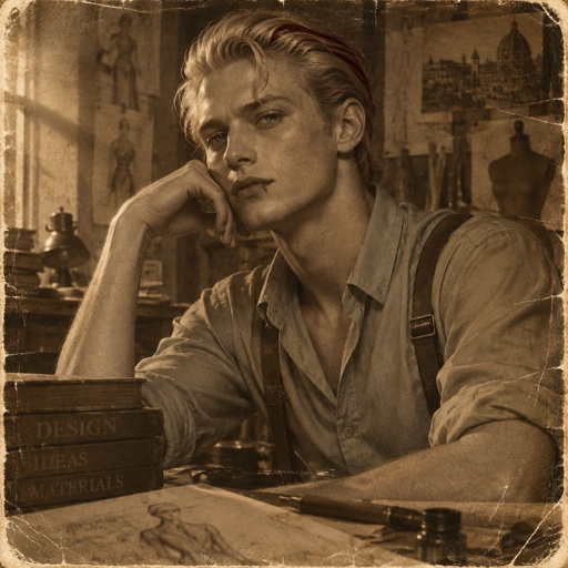 Male, blonde greased brushed back hair, curl on forehead, red streak in hair, scar on lip, blue eyes, slim, designer, cyan casual clothes,