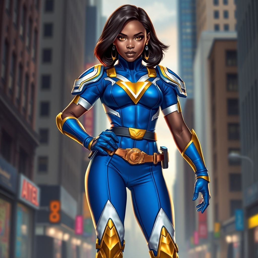 African American female superhero with hair in a shoulder length side part hairstyle with pure Gold Glowing eyes wearing slightly armored royal blue white and gold accented suit with royal blue pants and gold knee length boots with a utility belt with a gold V as her chest emblem in Philadelphia