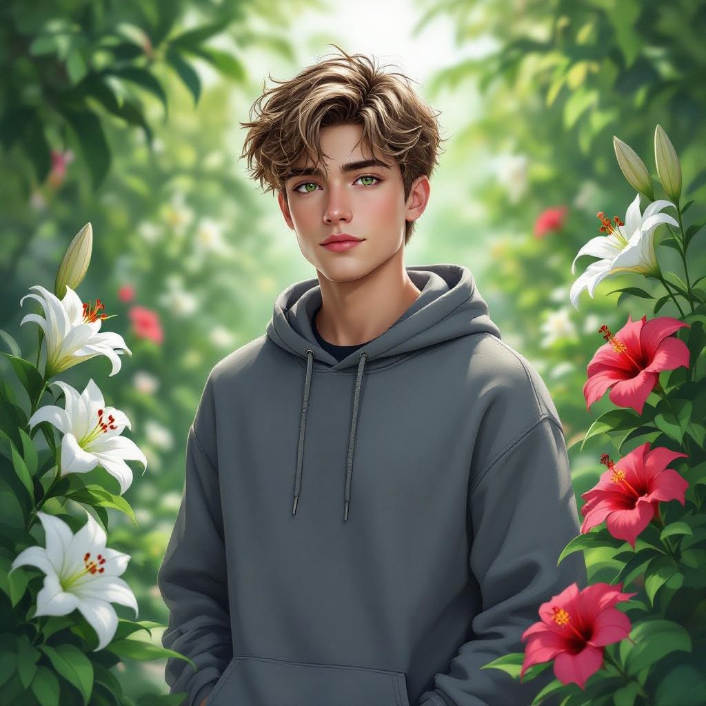 A 19-year-old young man standing in a lush garden filled with lilies and hibiscus flowers. He has short, tousled dirty blonde hair and striking green eyes laced with gray, as if wearing contacts. His skin is olive-toned, his face youthful but defined with a sharp jawline. He’s wearing a casual gray hoodie with his hands in his pockets, gazing off into the distance with a thoughtful, moody expression. Soft, cinematic lighting, realistic detail, slightly dramatic atmosphere.