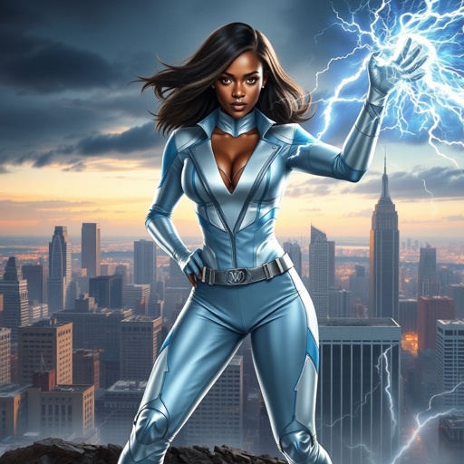 African American female superhero with hair in a shoulder length side part hairstyle with pure Gold glowing eyes wearing a leather light blue white and silver suit with light blue pants and silver boots and a V as her chest emblem controlling a storm in Philadelphia