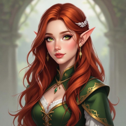 Female elf that has auburn hair with white stripes throughout and gold eyes 