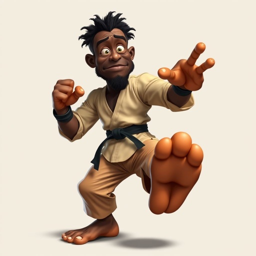 Create a character who looks like a funny African karate guy who doesn’t have a clue what he is doing. Make him have weird toes, only speedos on and a black karate belt.
