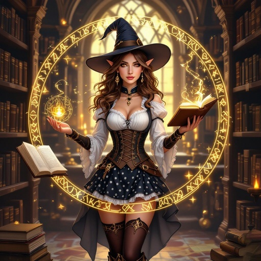 A semi-realistic, fantasy-parody portrait of Mythanna Junedae, the High Elf Wizard of Abjuration known as The Enigmatic Librarian.  Scene & Lighting Set within the Eight Mages Academy library — tall rune-lit shelves and drifting motes of golden dust. Warm candlelight mixes with cool magical glow from abjuration sigils swirling faintly around her. The tone balances academic gravitas with theatrical flair — tongue-in-cheek fantasy parody realism.  Appearance Mythanna stands in a confident, slightly playful pose, one hip cocked, surrounded by hovering spellbooks and glowing ward-circles. Her expression is both coy and calculating — the smile of someone who knows far more than she lets on. She has brunette wavy hair, luminous elven features, and expressive brown eyes that catch the light of the runes. Her ears are prominent and elegantly pointed. Her skin tone is soft fair ivory with a faint warm flush.  Iconic Outfit (Hard-Locked) • White blouse with puffed sleeves and a black ribbon bow at the collar. • Black rune-stitched corset worn over the blouse, fitted and elegant. • High-waisted black-and-white polka-dot skirt, ending mid-thigh. • Dark thigh-high stockings leaving a bare-thigh gap visible. • Shin-high rune-stitched boots, practical yet fashionable. • A small pearl pendant rests at her throat — her arcane focus. • Hat of Wizardry, decorated with tiny polka-dot runes and a faint magical shimmer, sits jauntily atop her hair.  Magic & Effects • Glowing golden abjuration sigils orbit around her hands and wrists. • Several floating tomes hover nearby, their pages turning of their own accord. • A soft halo of protective wards (circles and geometric lines of light) surrounds her body, subtly transparent. • Her Pearl of Power glows at her throat, pulsing in sync with the wards. • She holds her Wand of Magic Missiles, carved and polished, faintly glowing at the tip.  Composition Full-body portrait framed from head to shins, 2:3 aspect. Candle-warm foreground light with cool sigil back-glow. Parody-fantasy realism style — equal parts glamorous and arcane.