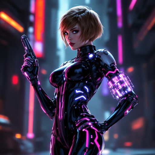 Full Body Mass Effect Babe wielding an Omni tool synthweave and Organza black and pink tight spy catsuit light brown hair pixie Bob cut