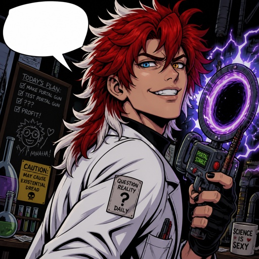 Villain mad scientists, lab coat, clean shaven, looks like a mess,very flirty, hair style called "I've never seen a hair brush in my life" Wolf Cut hair color is red with white tips would rather die than be saved by the hero, "I don't need one for I AM a weapon of mass destruction, likes to mess with the hero teasing them, has invented machines that lead to portals ,two different eye colors