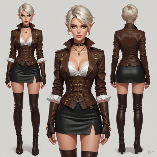 🎨 Ffionna Baelyn — Fitted Leather Skirt Correction Prompt  Semi-realistic fantasy portrait of Ffionna Baelyn, a female High Elf rogue assassin with a slender, athletic build. She has a short blonde pixie cut with layered texture and side-swept fringe, fair ivory skin, and sharp green eyes with faint gold flecks. Her cropped brown leather jacket, cut at her chest, is structured with brass buckles and a corseted waist. Beneath it, she wears a fitted silver-white lace underdress visible only at the neckline and sleeves — no lace or fabric extends around her waist or legs. Her black-brown leather skirt is short, tight-fitted, and form-contoured around the upper thighs, with no loose or layered panels anywhere. It follows her body cleanly, built for agility and stealth. She wears fingerless gloves and thigh-high strapped boots. Lighting is soft and cinematic, neutral background, full-body to shins, proportioned to the 8-heads rule. 