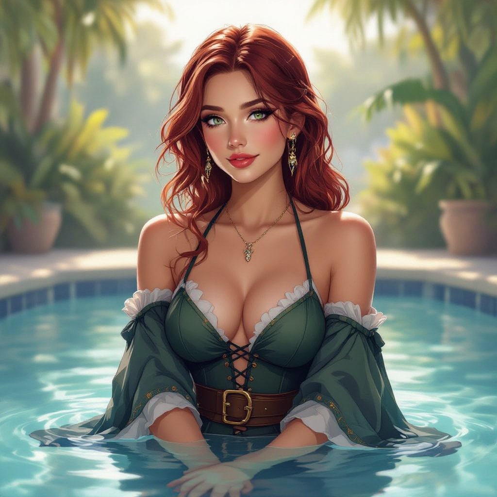 π¨ Prompt β βFfionna Baelyn: Shallow End Inn (Appearance + Scene Canon)β A semi-realistic fantasy painting of Ffionna Baelyn, a female High Elf assassin with a blonde pixie cut, fair ivory skin with warm undertones, and sharp green eyes flecked with gold. She has pointed ears and an elegant, athletic build. She wears a cropped brown leather jacket fitted to her waist with brass buckles and visible stitching detail, over a white sheer-lace blouse with a delicate neckline. A short, black fitted leather skirt sits high on her waist, sleek and practical. Her gloves are fingerless brown leather, and her thigh-high brown boots match in tone, polished with subtle shine and high, narrow heels. Two polished short swords with gold-filigree guards and brown leather-wrapped hilts rest symmetrically at her hips, catching the light faintly. Ffionna sits at the wooden bar inside the Shallow End Inn, perched on a stool with one leg crossed over the other in a confident, relaxed pose. Her expression is calm, observant, and composed β a professional at rest but ever alert. The scene is dimly lit by warm lanterns and candles reflecting off bottles and swamp water beyond the open shutters. The air feels humid, the wood aged and dark, and a faint mist glows beneath the lanterns. Lighting should be warm and balanced, highlighting her features and outfit details with natural, painterly texture. Composition: full-body to shins, semi-realistic fantasy art style following the 8-heads rule of proportion.