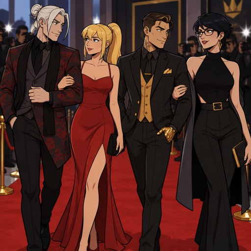 Kado Thorne from Fortnite white hair medium length back hair bun pale skin, Samus Aran zero suit, Midas from Fortnite not gold skin, Bayonetta from super smash bros short hair, at the red carpet, all wearing casual clothes, double date no facial hair, clean shaven 