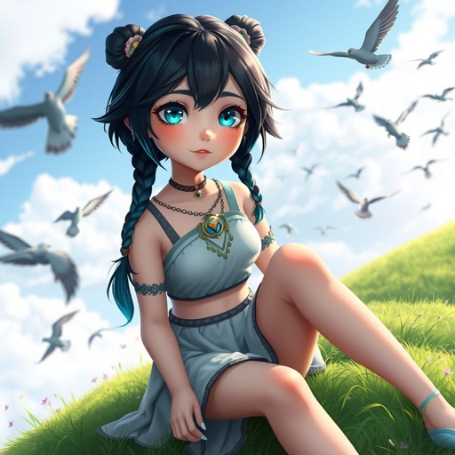 A young female with fair skin and vibrant teal eyes. Black hair with cyan tips in the form of two short braids. Wearing a goddess two-piece outfit (top and trousers) sitting on a hill watching pigeons fly from a very far distance