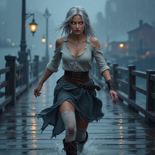 A painting of Maerriss Nex, a Half-Drow (Half-Elf) woman inspired by Emma Watson, running across the wet docks of Eendood in the pouring rain. Her skin is light ash-gray with faint violet undertones, and her eyes glow pale molten-gold with gray sclera. Her white-silver hair is loose, tangled, and soaked by wind and rain, whipping behind her.  She wears a pale linen frilled blouse, visibly worn from her escape — the right shoulder seam torn, exposing only her collarbone, while the sleeves are dirt-stained, frayed, and ripped from catching on splintered docks.  Her slate-gray reed-weave skirt follows the high-waisted, thigh-length pleated design from the reference: structured waistband, deep vertical pleats, and natural motion as she runs. The skirt is wet, heavy, and frayed at the edges with small tears at the hem.  Her white thigh-high stockings are muddy and torn at one knee. She is missing her left boot, revealing a bare, wet, muddy foot, while her right boot remains laced, scuffed, and soaked.  Rain glistens on the wooden planks beneath her as brass lanterns cast warm reflections across the puddles and fog. Her expression is fierce and determined, caught mid-stride, her blouse and skirt flaring with the motion, the storm wind and lantern glow giving the scene cinematic energy and realism.   Run it