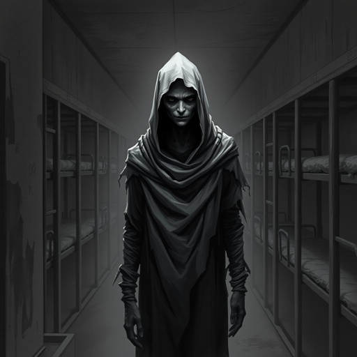 Create this background hall inside was dim, paint peeling in sheets. A metal door led to the cell block.  Six cells, all empty. A cracked toilet in each. Rusty bunks, stale air, dust everywhere. No character just background 