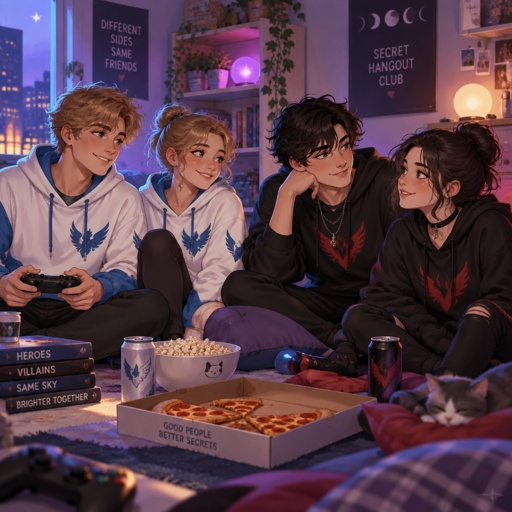 Hero twins who are secretly friends with the villain twins while the hero twins parents don’t realise their children are friends with the enemies. 