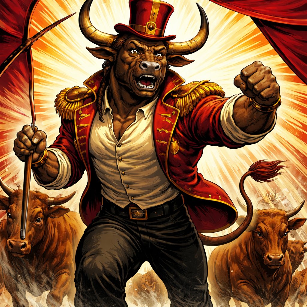 A male medium brown Minotaur with brown eyes that has a well~proportioned figure that works at freak show as the ringmaster. That has abilities of Reality Rejection, Time Manipulation (Chronokineses), Zoolingualism (Language of Cattle only), Human Speech. He’s basically a hybrid with his mother being a human with half-animal (Cretan bull) physiology and his father a Cretan Bull.