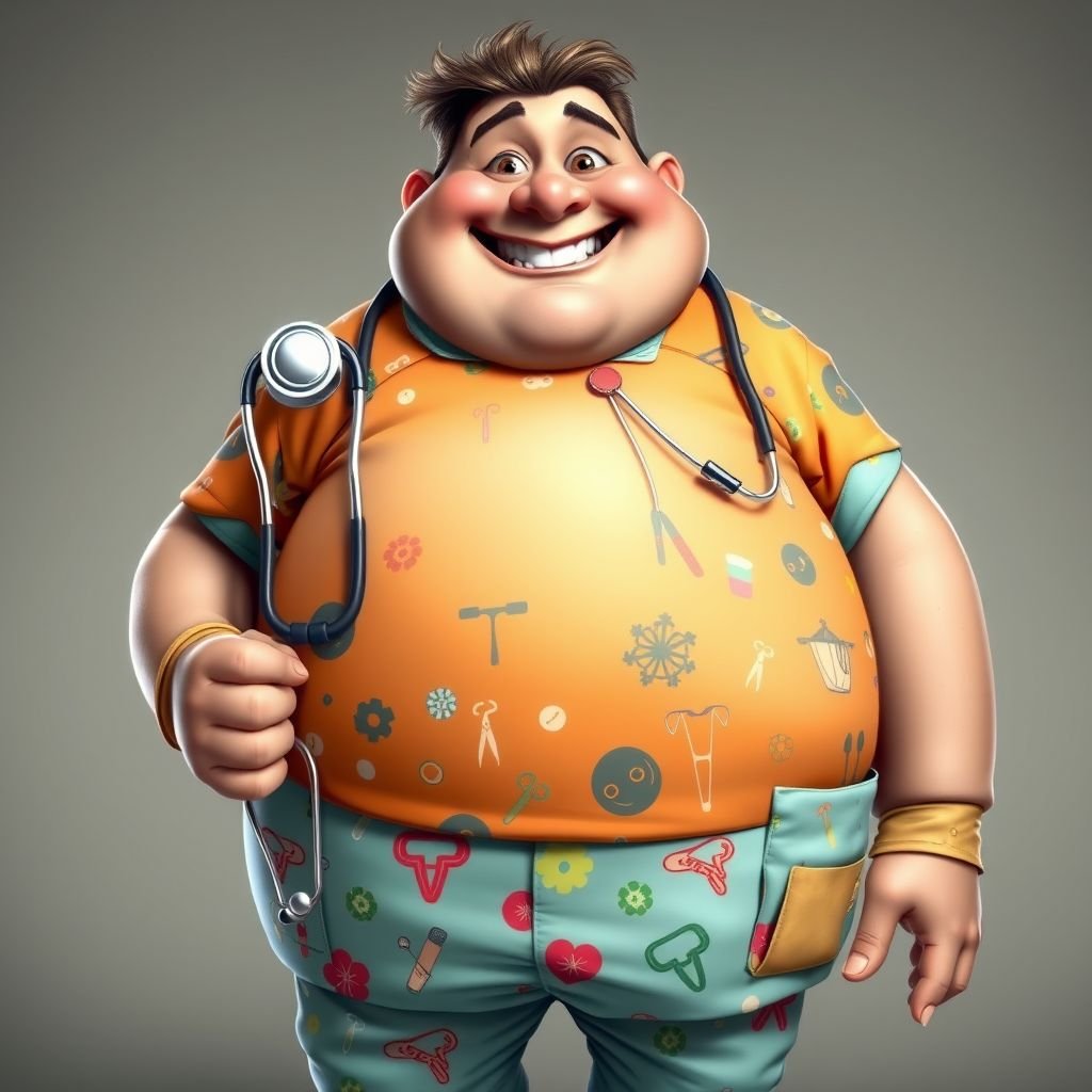 create a fat doctor. Who is funny human looking from head to toe. And he always immediately results to surgery for anything even small things. So please be sure to show his whole outfit head to toe. Make him have butt tooth