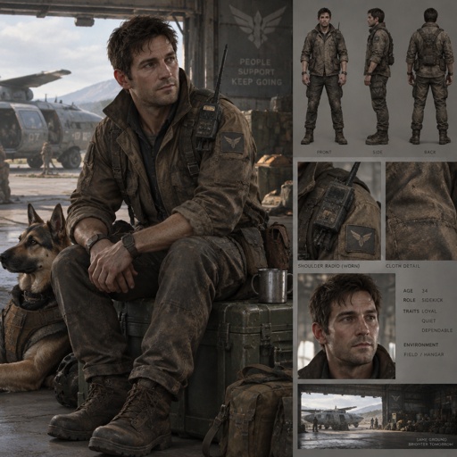Thirty-four-year-old man, body of someone who sleeps in the seat and still stands up useful. Jacket with a radio rub on the shoulder. Younger face than the job, silence worn on purpose. Loyal in the shoulders. Second, not the lead. Field or hangar lighting. Fortiche painted, realistic cloth.