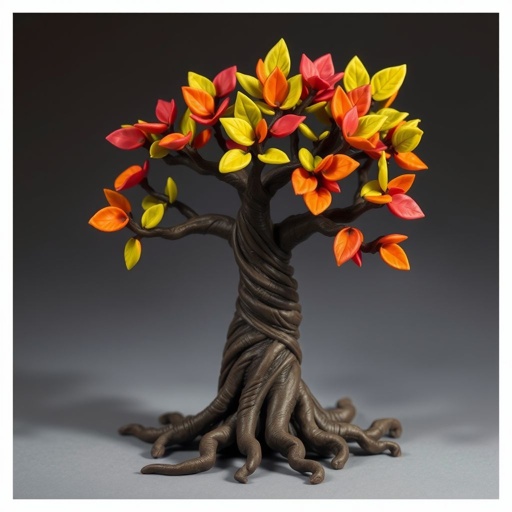 Give me a image of a dark  tree, with roots in the bottom