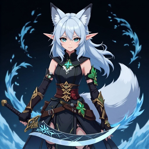 (In the style of an anime game called Genshin Impact) A pale teenage girl wearing black, has medium white hair, has large fox ears and a fluffy tail and a dark green and brown ancient right arm with a black glove on her left arm holding a sword of ice with a black-ish background with ice swirling around her