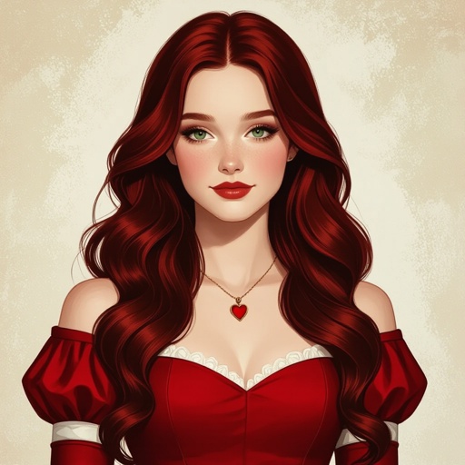 The Queen of hearts daughter as a teenager with dark red hair in a red dress who is kind