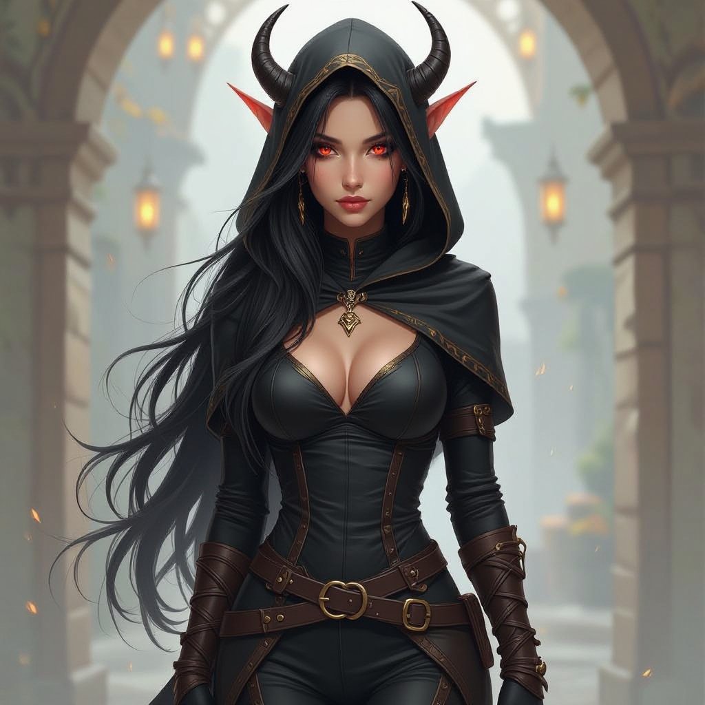 Create a 17 year old beautiful tiefling. She has long black hair with a streak of gold going through. She is very beautiful. She has one red eye and one black one. She has light tan skin and has skin coloured patterns. She has small horns and is very alluring. She is wearing skin tight long sleeves and trousers their and adventure clothes with a hood. She is 5’8 and 113  pound and very sexy with an hourglass figure. She also has a toned build. She is also wearing black boots. She is also badass and very cool
