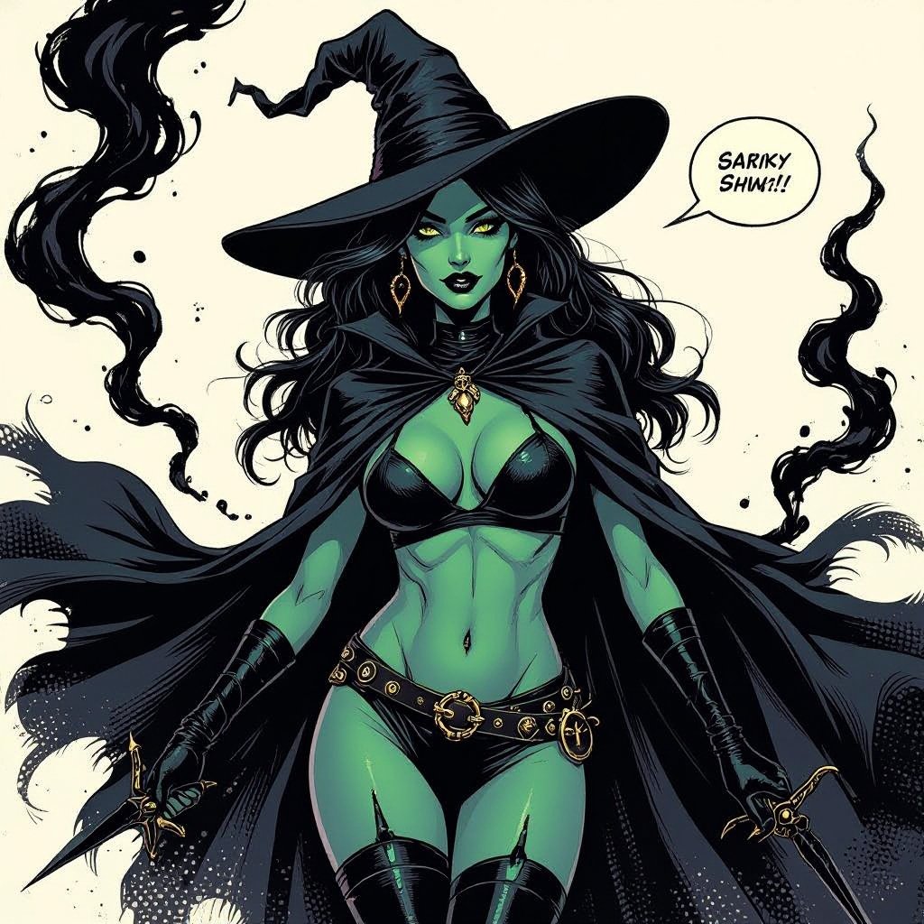 sexy shadow demon witch gypsy slate grey skin large black billowing cloak that emits darkness and shadow smoke. Two piece. Witches Hat. Wields Black Evil Shadow Smoke Daggers