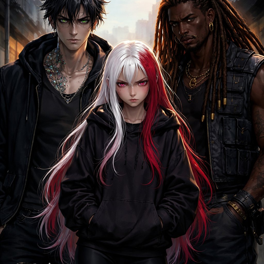 A girl with White long hair with red highlights golden skin ruby eyes she is wearing leggings and a baggy hoodie her sleeves are all the way down and she has a scowl on her face a defiant glare in her eyes next to her is a tall built man he has black hair and gems embedded in his skin almost like snake skin. He has green eyes and his pupils in slits he has pale skin on the other side of him is an even taller buffer man. He has long dreadlocks that are brown. He has gold face and ear piercings his skin is dark brown