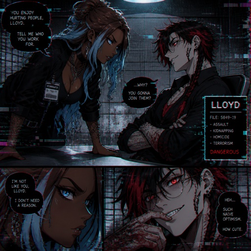 Anime style, Ruby she's dark skin with brown hair and light blue, streak, serious, intimidating, makes sure she gets all the answers she needs,very good at interrogating the suspect, is very loud, being calm is hard, loves tea.Anime white male, name Lloyd, hair messy very big long one loose braid, black hair with light red stripes, clean shaven,red eyes, long scary fingers spider fangs,glasses, sarcastic, cold, laugh mockingly, traumatized,was a unwillingly experiment many years before getting rescued, no memory of his past, has power of a spider, poisonous makes spider webs with his hands, can communicate and control spiders, on right arm a print says sub 389, doesn't remember anything from his past,very dangerous, being taken care of in a special agency.there all in the same room asking Lloyd questions,Lloyd is wearing casual clothes ,as a comic 