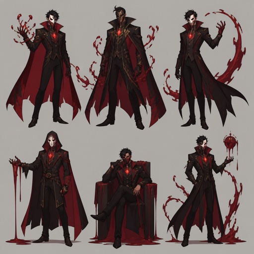 Male Villian with blood manipulation, mask, pendant that gives him powers, multiple of the same character