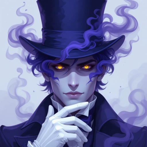 A male character made of dark blue and purple smoke with visible yellow eyes white gloves and a top hat 