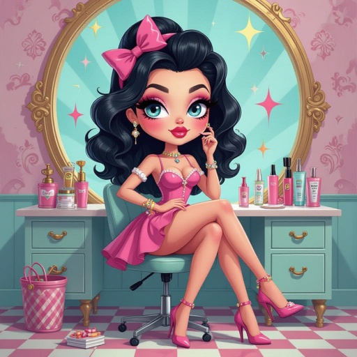 Create a business owner character showing there whole body head to toe, a lady who loves beauty products  